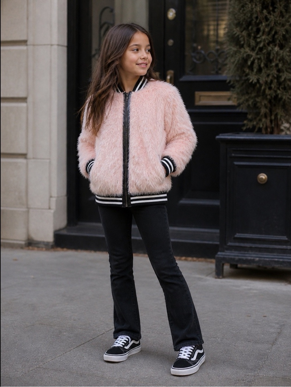 EUC SMENA Pink Furry Bomber Jacket with Stripe Trim 140 10 Janie and Jack